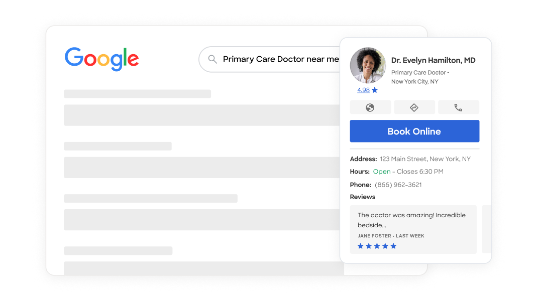 Zocdoc provider profile with Book Online button displayed in Google search results.