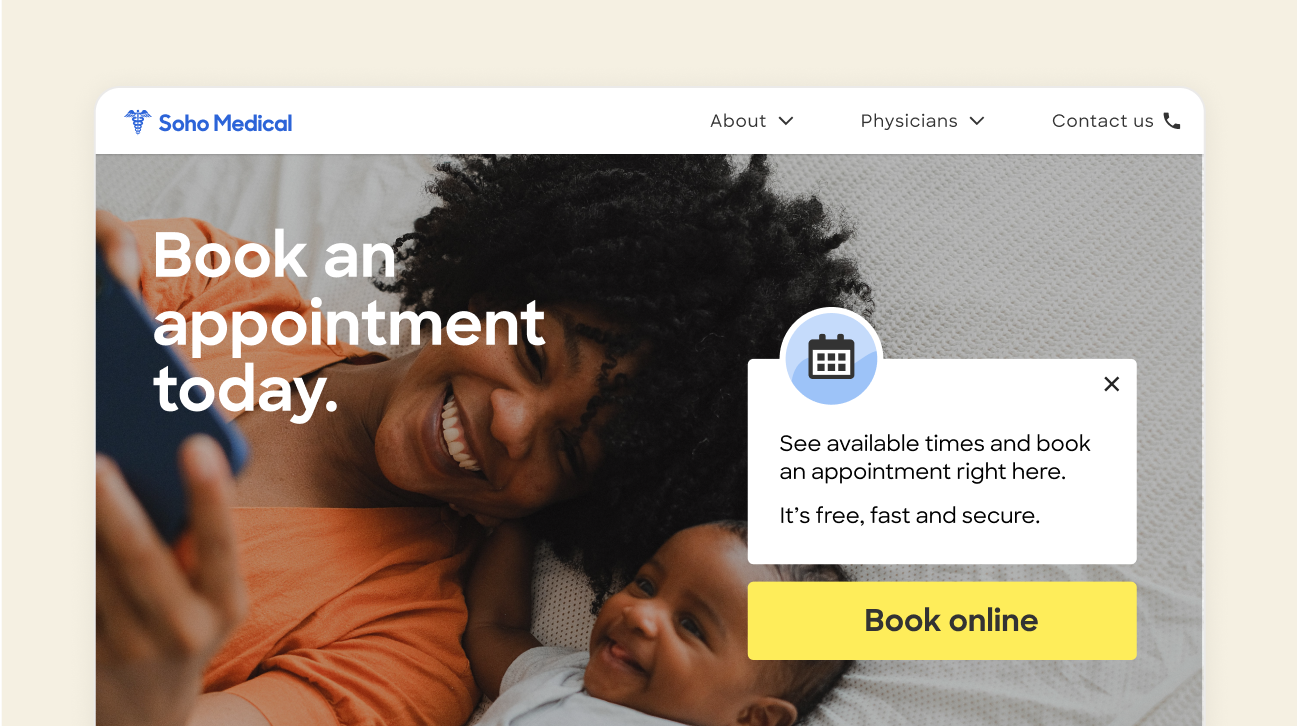 Practice website with Zocdoc-powered Book Online button overlay.