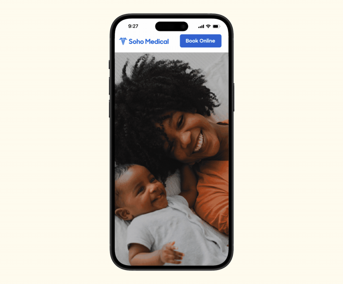 Provider website on mobile with Zocdoc-powered Book Online button.