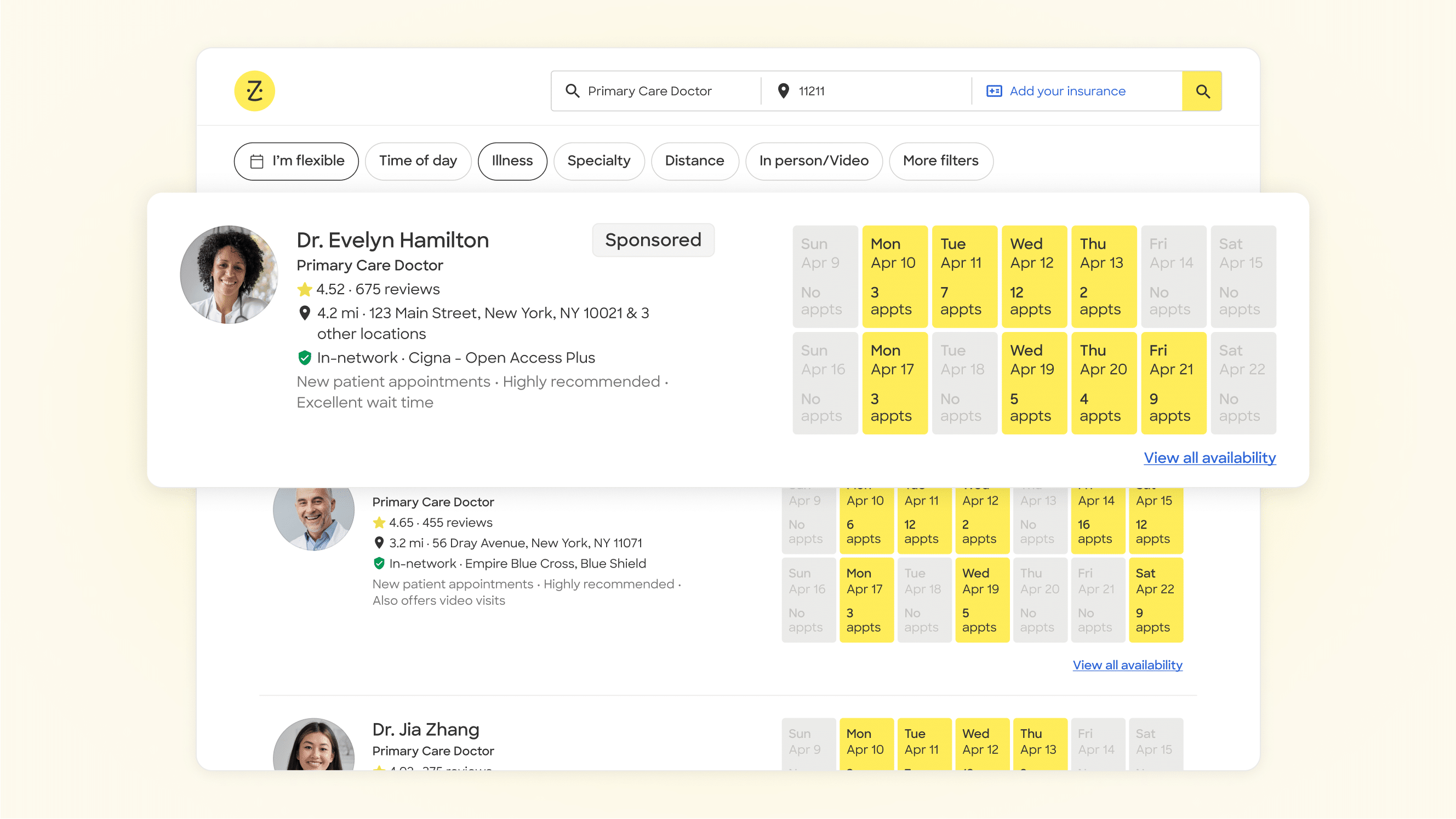 Zocdoc search results highlighting a sponsored provider profile with open appointment slots.