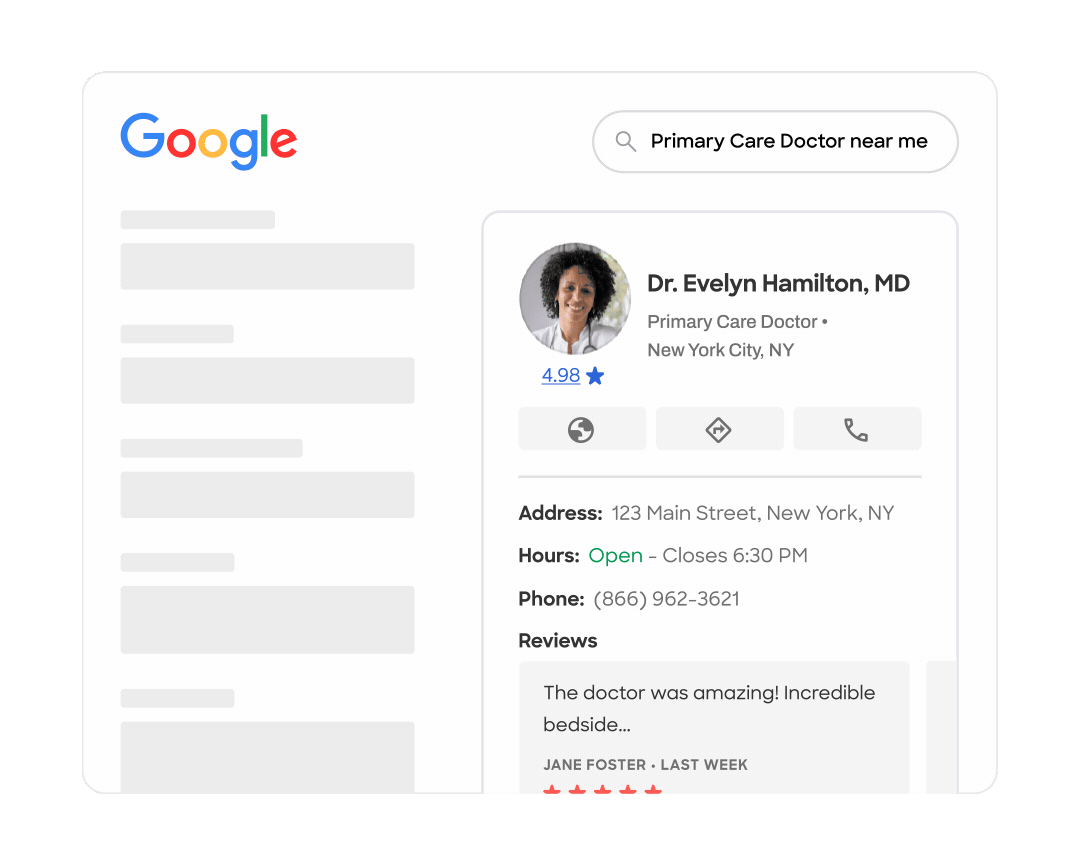 Google search on mobile showing a doctor’s profile with Zocdoc-powered Book Online button.