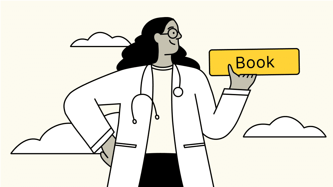 Illustration of a doctor holding a Book Online button.